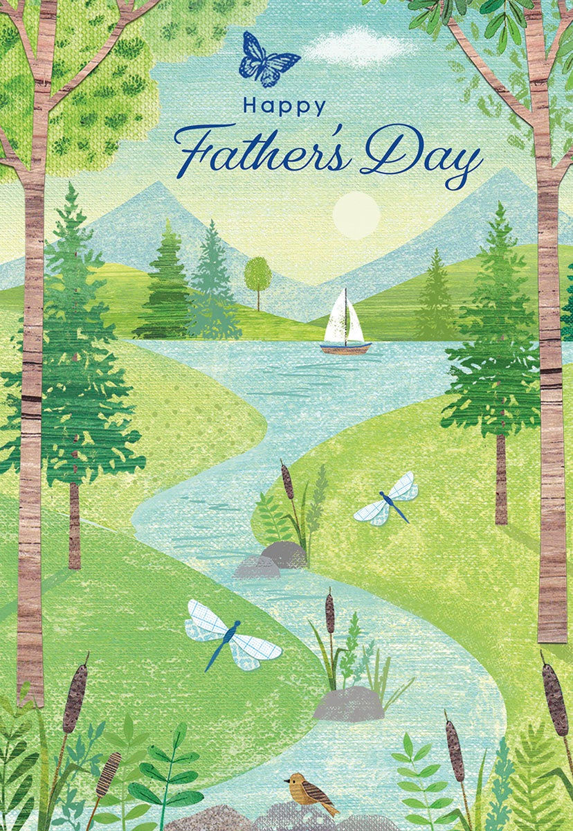 Front of a Happy Father's Day greeting card, featuring a peaceful nature scene with a river, lake, sailboat, trees, and butterflies.
