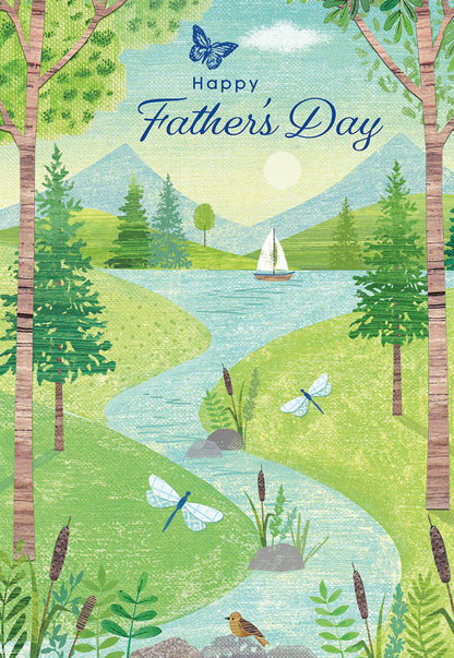 Front of a Happy Father's Day greeting card, featuring a peaceful nature scene with a river, lake, sailboat, trees, and butterflies.