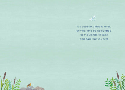 Inside of a Father's Day card with a light green background, a dragonfly, and a heartfelt message for dad.