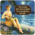 Vintage Hawaiian hula girl playing ukulele on a moonlit beach, featuring a humorous quote coaster: 'Not to brag, but I own an island. It's in my kitchen, but still...'. Perfect funny tropical drinkware.