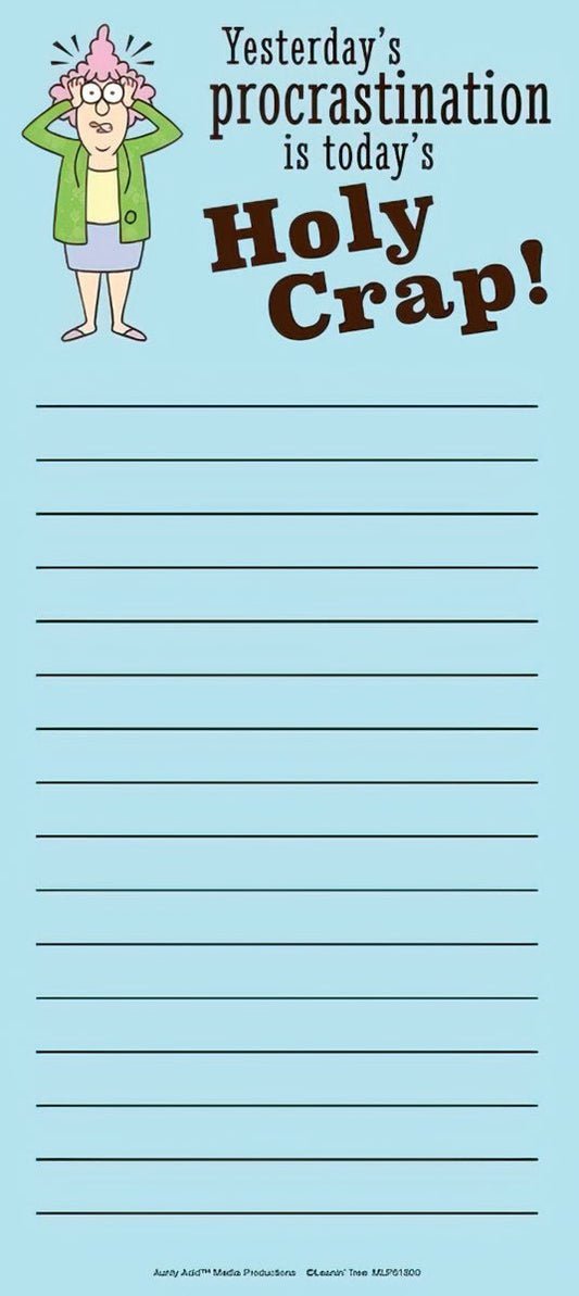 Magnetic listpad with 'Yesterday's procrastination is today's Holy Crap!' text and a cartoon of a stressed woman clutching her head.