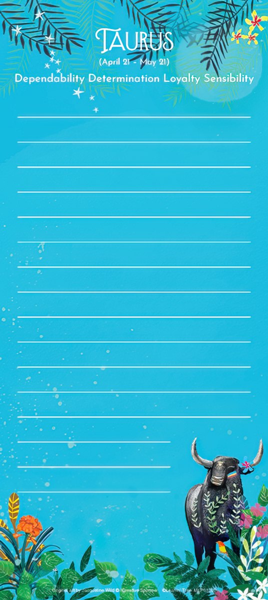 Taurus zodiac magnetic listpad with blue background, featuring a bull illustration, tropical foliage, and celestial elements, perfect for organization.