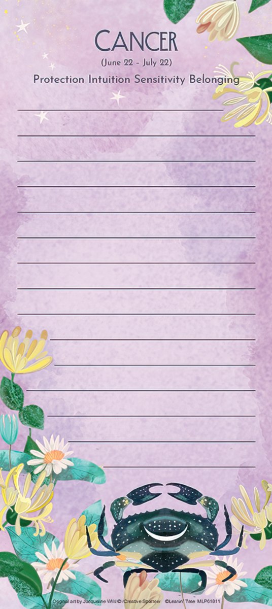 Cancer zodiac magnetic list pad with purple watercolor background, a smiling crab symbol, flowers, and lined pages for tasks.