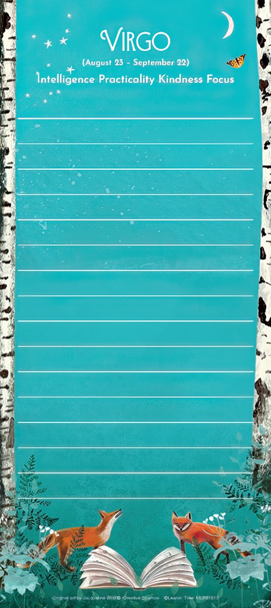 Virgo magnetic list pad, teal with white lines, stars, moon, foxes, birch trees. Features Virgo traits: Intelligence, Practicality, Kindness, Focus.