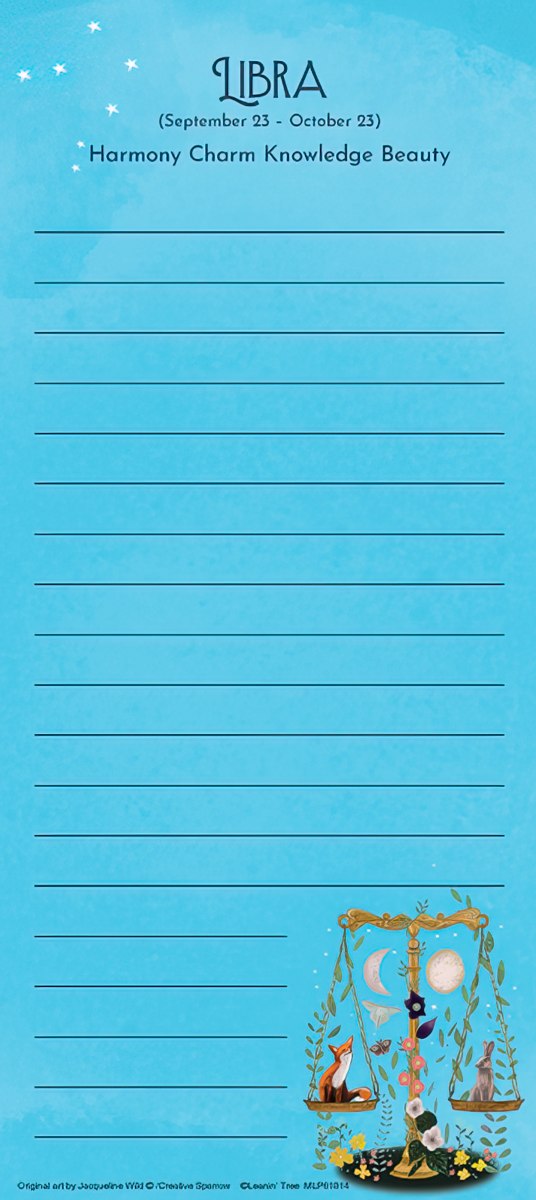 Libra magnetic list pad with a light blue background. It displays the Libra zodiac sign, birth dates, traits, and a detailed illustration of scales with a fox and a rabbit at the bottom.