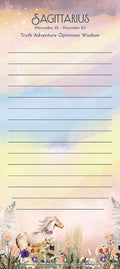 Sagittarius magnetic listpad featuring zodiac sign, birthdate (November 23 - December 21), and traits Truth, Adventure, Optimism, Wisdom. Design includes a white horse with flowers, surrounded by colorful wildflowers and a starry pastel sky background, with blank lines for notes. Perfect for astrology lovers and daily planning.