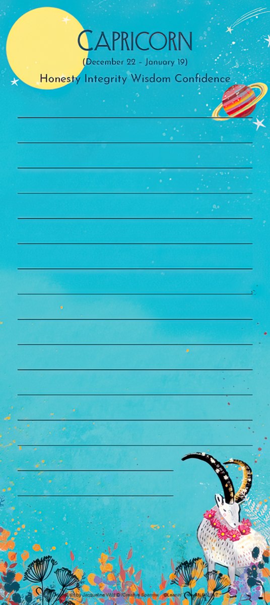Capricorn zodiac magnetic listpad on teal background with a whimsical goat, stars, planet, and lined paper. Ideal for shopping lists, notes, and reminders.