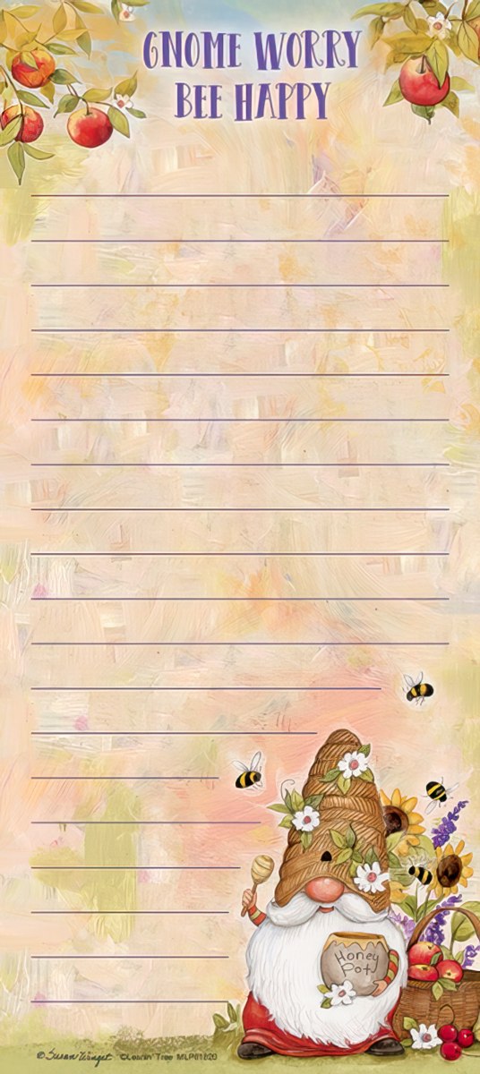 Magnetic list pad featuring a whimsical gnome with a beehive hat, holding a honey dipper and a honey pot, surrounded by buzzing bees, sunflowers, and vibrant red apples. The background is a soft, rustic pastel wash with lines for writing. The top of the pad reads 'Gnome Worry Bee Happy'.
