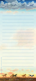 Magnetic listpad featuring whimsical horses running through clouds at the top, a lined writing area in the middle, and adorable foals galloping in a field with butterflies at sunset on the bottom, perfect for shopping lists, reminders, or daily notes.