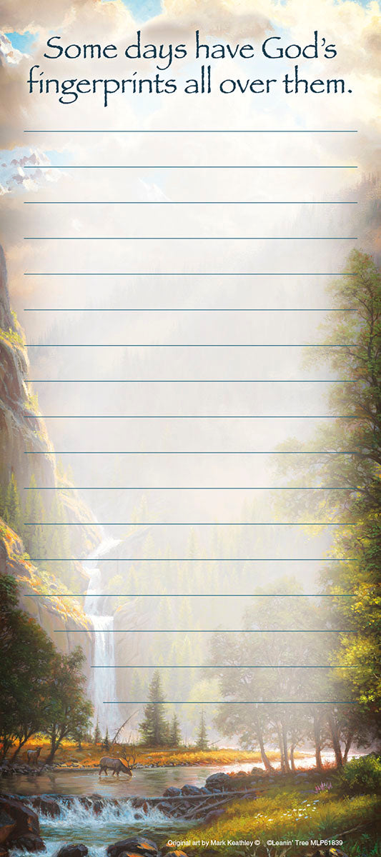 Magnetic listpad with 'God's fingerprints' quote above a scenic waterfall, river, and elk landscape artwork.