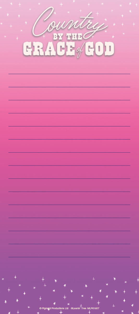 Magnetic listpad with pink to purple gradient background, white text 'Country by the Grace of God', and multiple lines for writing. White stars/crosses sparkle around the text and bottom border. Ideal for spiritual notes, grocery lists, or daily affirmations.