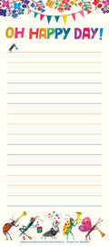 Magnetic listpad with 'Oh Happy Day!' text, vibrant floral border, festive bunting, and colorful musical insects including a ladybug, grasshopper, beetle, and butterfly. Features rainbow-lined paper, perfect for to-do lists and notes.