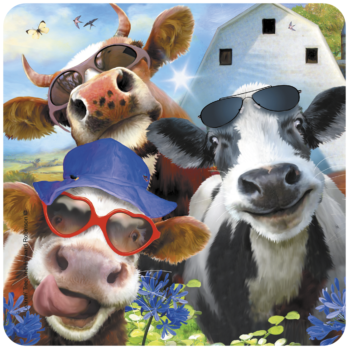 Whimsical round coaster featuring three cartoon cows wearing sunglasses, one with a blue bucket hat and red heart-shaped glasses licking its nose, against a bright blue sky, white barn, and blue agapanthus flowers. Perfect for farm animal lovers and adding humor to any home.