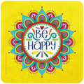 Vibrant 'Be Happy' mandala art coaster on a bright yellow background, featuring cheerful blue, green, red, and purple patterns.