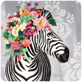 Vibrant art coaster featuring a stylish zebra with a colorful floral crown and mane against a subtle gray damask background, perfect for protecting surfaces with a touch of whimsy.