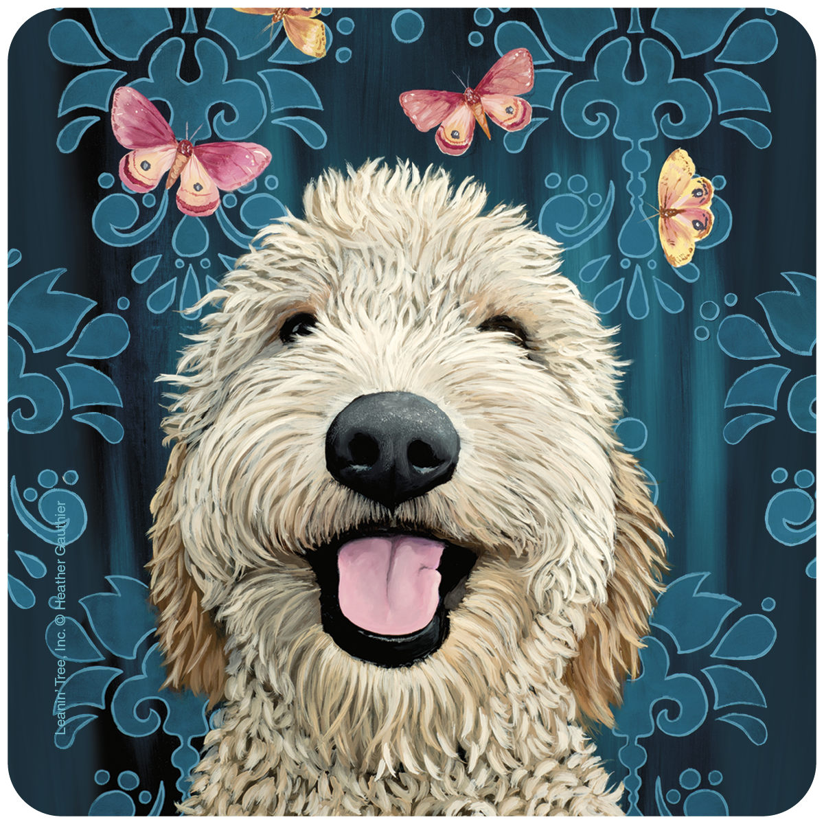 Close-up of a happy Goldendoodle dog coaster, featuring a smiling, fluffy golden-cream dog with its tongue out, against a vibrant dark teal background with ornamental patterns and pink and yellow butterflies. Ideal for pet lovers and home decor.
