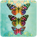 Vibrant butterfly coaster featuring three colorful butterflies with rainbow wings in yellow, green, pink, and purple, against a serene teal and intricate mandala background. Protects surfaces with artistic flair.