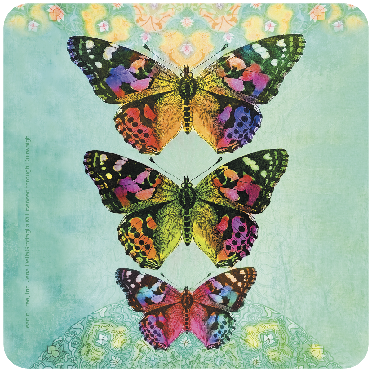 Vibrant butterfly coaster featuring three colorful butterflies with rainbow wings in yellow, green, pink, and purple, against a serene teal and intricate mandala background. Protects surfaces with artistic flair.