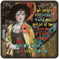 Vintage-style square coaster featuring a woman in a wide-brimmed hat holding a glass of red wine, with text 'The Secret to Eternal Youth May Not be at the bottom of a bottle OF WINE... But We SHOULD at Least CHECK.'. Humorous wine-themed drinkware, art deco style, quirky home decor.