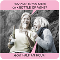 Two women laughing heartily while holding wine glasses and a bottle, featuring a humorous speech bubble about spending 'half an hour' on a bottle of wine, perfect for a funny wine coaster.