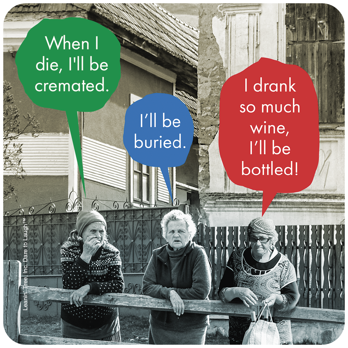 Funny coaster featuring three elderly women discussing their post-death plans, with one declaring, 'I drank so much wine, I'll be bottled!' A humorous wine-lover's gift with a dark comedic twist.