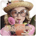 Cute 'Sip! Sip! Hooray!' coaster featuring a cheerful girl with large sparkling glasses, a straw hat, and a tropical drink, protecting surfaces with style.