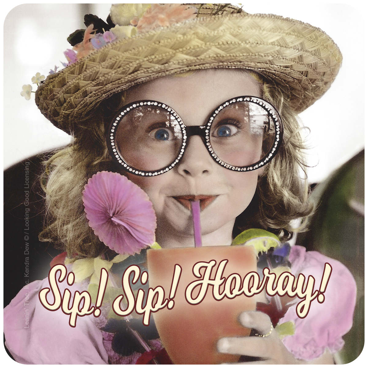 Cute 'Sip! Sip! Hooray!' coaster featuring a cheerful girl with large sparkling glasses, a straw hat, and a tropical drink, protecting surfaces with style.