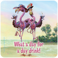 Colorful art coaster depicting two anthropomorphic pink flamingos wearing hats and beaded necklaces, holding martini cocktails, standing on a sandy beach with palm trees and ocean in the background. The text 'What a day for a day drink!' is prominently displayed in pink.