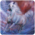 Majestic white horse galloping amidst a flowing, artistic American flag background, capturing spirit and freedom. A vibrant, patriotic coaster for home or office.