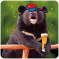 Funny black bear wearing a red and blue baseball cap, smiling and holding a pilsner glass of beer, leaning on a wooden rail against a green starry background. Perfect for a unique drink coaster.