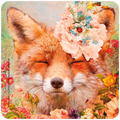 Vibrant fox art coaster featuring a serene fox with eyes closed, adorned with a large peach peony, blue forget-me-nots, white flowers, a ladybug, and a butterfly, surrounded by lush pink, red, and yellow floral arrangements.