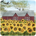 Vibrant art coaster featuring a golden sunflower field with a classic red barn, green trees, and blue sky, perfect for rustic farmhouse decor and drink protection.