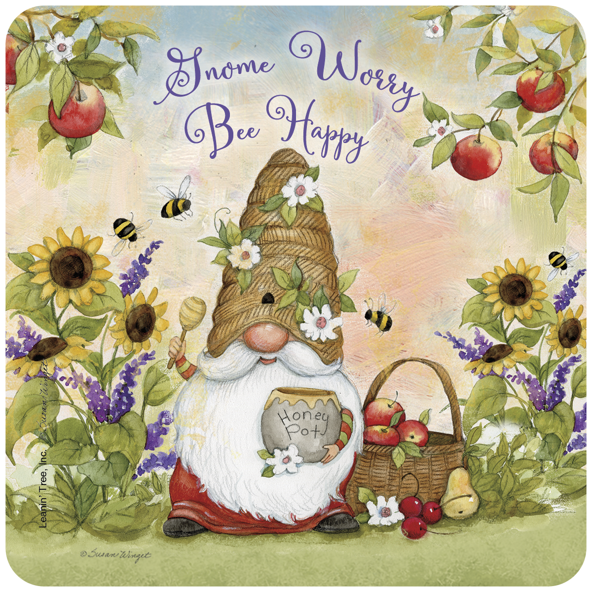 Whimsical garden gnome coaster with a beehive hat, holding a honey pot and dipper, surrounded by flying bees, vibrant sunflowers, purple lavender, and a basket of red apples and cherries. The text 'Gnome Worry Bee Happy' is prominently displayed, perfect for cottagecore decor and nature lovers.