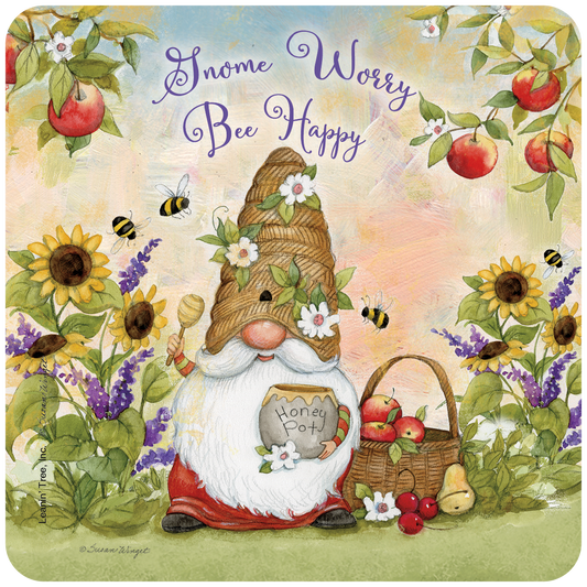 Whimsical 'Gnome Worry Bee Happy' greeting card featuring a gnome with a beehive hat, bees, sunflowers, and apples.
