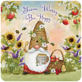 Whimsical garden gnome coaster with a beehive hat, holding a honey pot and dipper, surrounded by flying bees, vibrant sunflowers, purple lavender, and a basket of red apples and cherries. The text 'Gnome Worry Bee Happy' is prominently displayed, perfect for cottagecore decor and nature lovers.