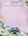 Vibrant purple Cancer zodiac notepad featuring a stylized blue crab smiling amidst yellow honeysuckle and white water lily flowers. Text includes 'CANCER (June 22 - July 22)' and 'Protection Intuition Sensitivity Belonging'. Perfect for astrology enthusiasts and personal reflections.