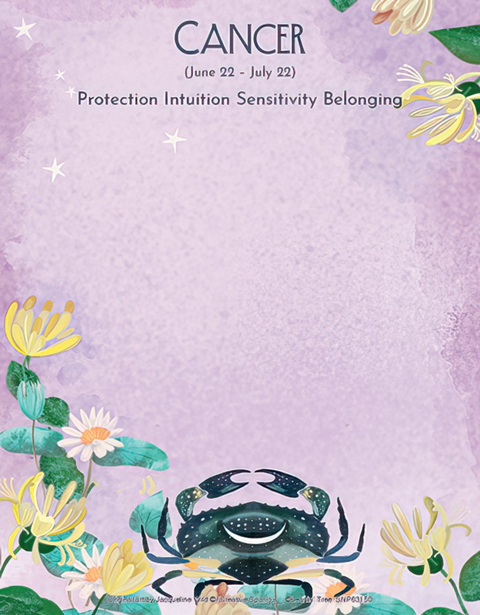 Vibrant purple Cancer zodiac notepad featuring a stylized blue crab smiling amidst yellow honeysuckle and white water lily flowers. Text includes 'CANCER (June 22 - July 22)' and 'Protection Intuition Sensitivity Belonging'. Perfect for astrology enthusiasts and personal reflections.