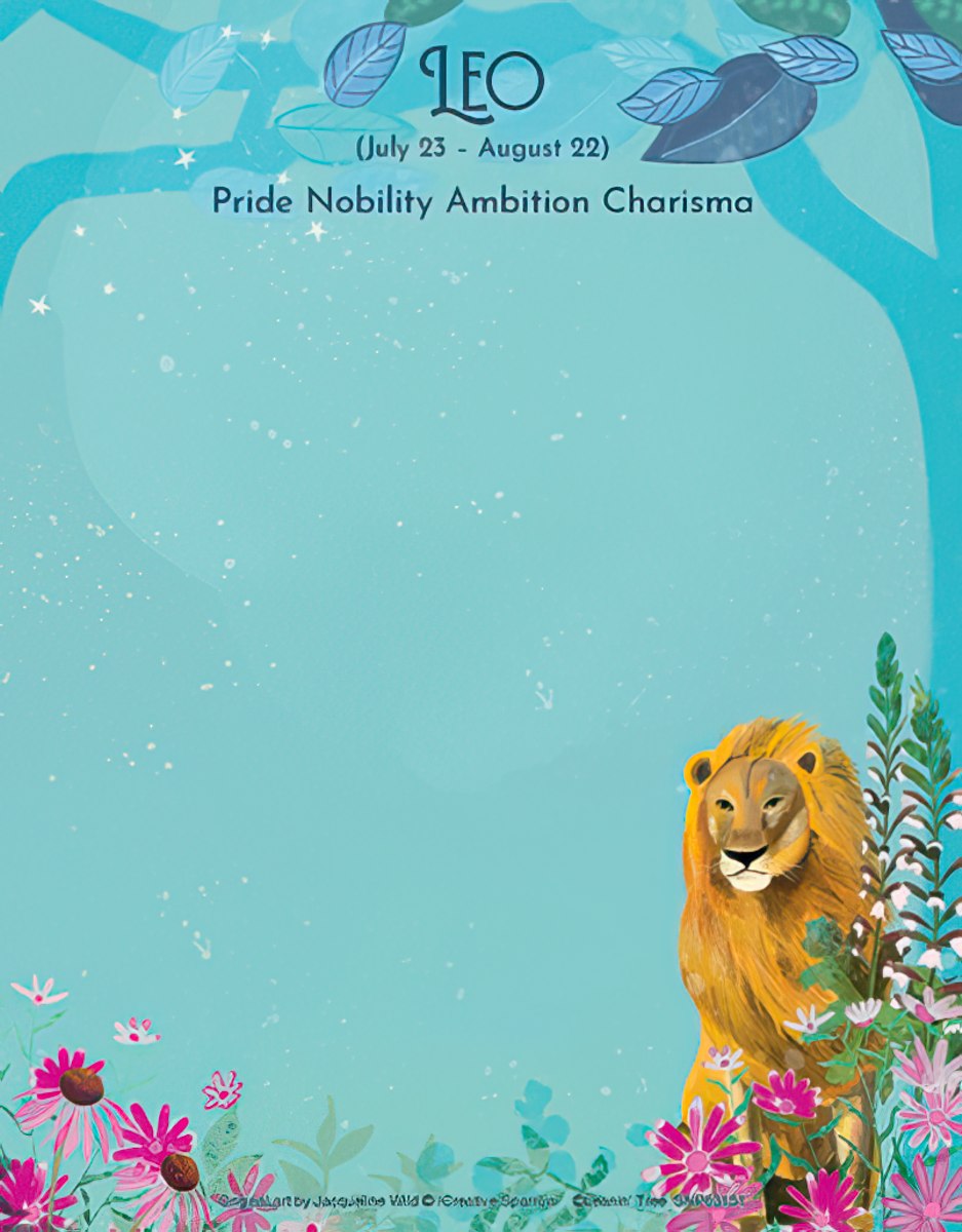 SEO-optimized alt description for a Leo zodiac sign notepad featuring a majestic golden lion gazing forward, surrounded by vibrant pink and purple flowers and lush green foliage at the bottom. The background is a serene light blue sky with faint stars and abstract blue-green tree leaves. Text at the top reads 'LEO (July 23 - August 22) Pride Nobility Ambition Charisma'.
