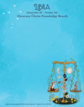Blue Libra zodiac notepad with 'Harmony Charm Knowledge Beauty' text, featuring a golden scale balancing a fox and a rabbit amidst flowers and moons. Ideal for astrology enthusiasts.