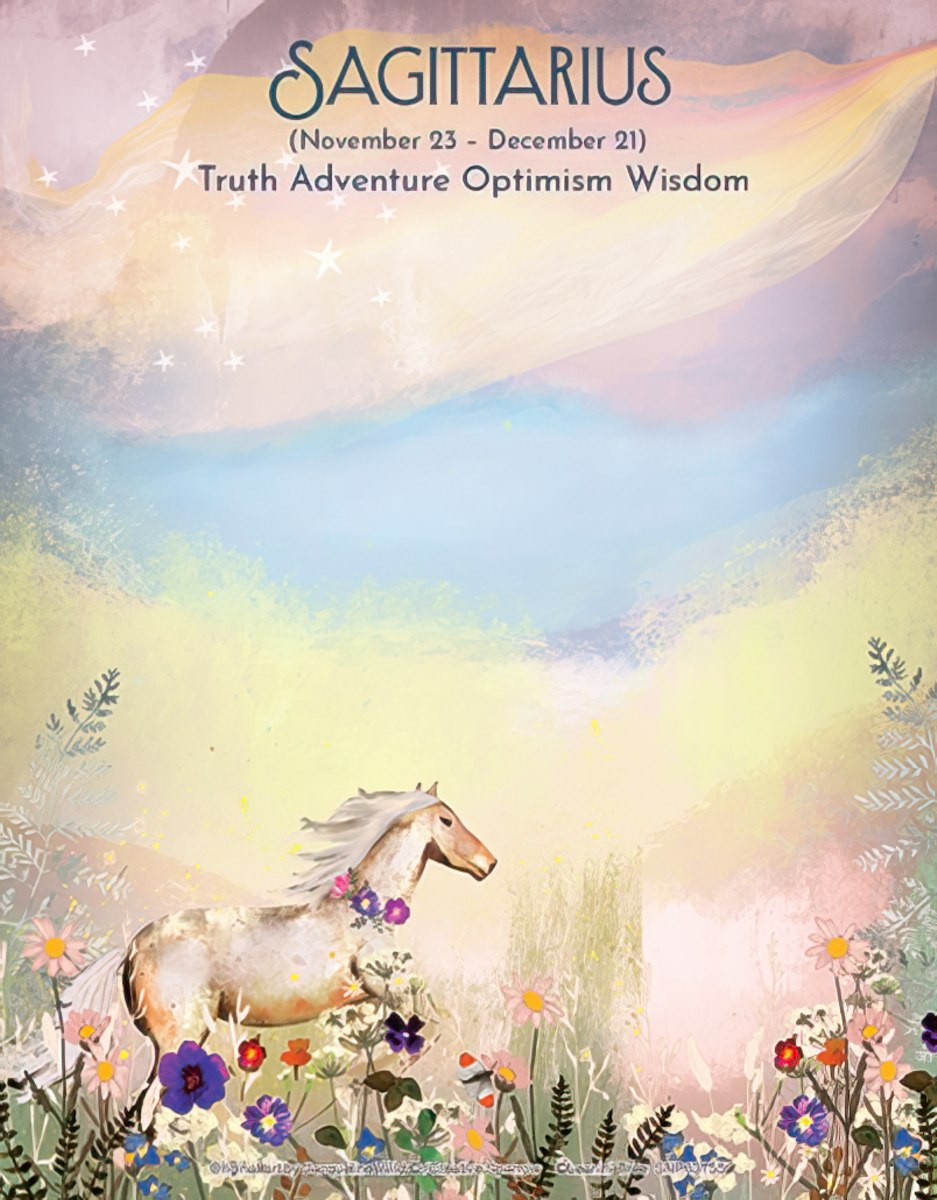 Sagittarius zodiac notepad depicting a graceful horse adorned with flowers amidst vibrant wildflowers under a pastel sky with stars, accompanied by 'Truth Adventure Optimism Wisdom' and the dates November 23 - December 21. Ideal for journaling and notes.