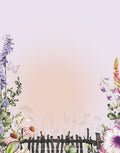 Watercolor floral garden notepad featuring lavender, pink, and purple blossoms, a rustic picket fence, and a subtle butterfly on a soft gradient background, perfect for note-taking.
