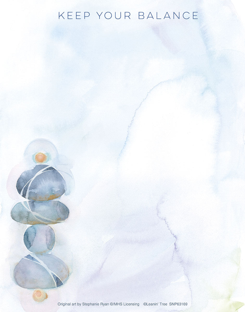 Serene watercolor notepad featuring balanced cairn stones and 'Keep Your Balance' text, perfect for mindfulness and organization.