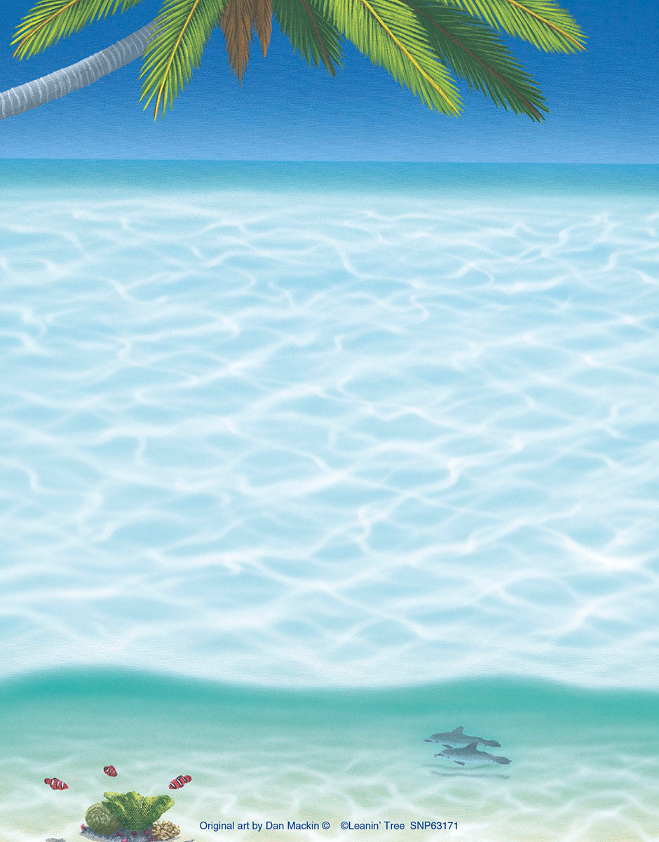 Tropical ocean notepad featuring a palm tree branch, clear blue water, two playful dolphins, vibrant coral, and colorful clownfish on the sandy seabed.