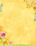 Vibrant watercolor notepad page featuring a soft yellow background, orange and pink floral corner accents, and cheerful butterfly illustrations, perfect for notes and letters.