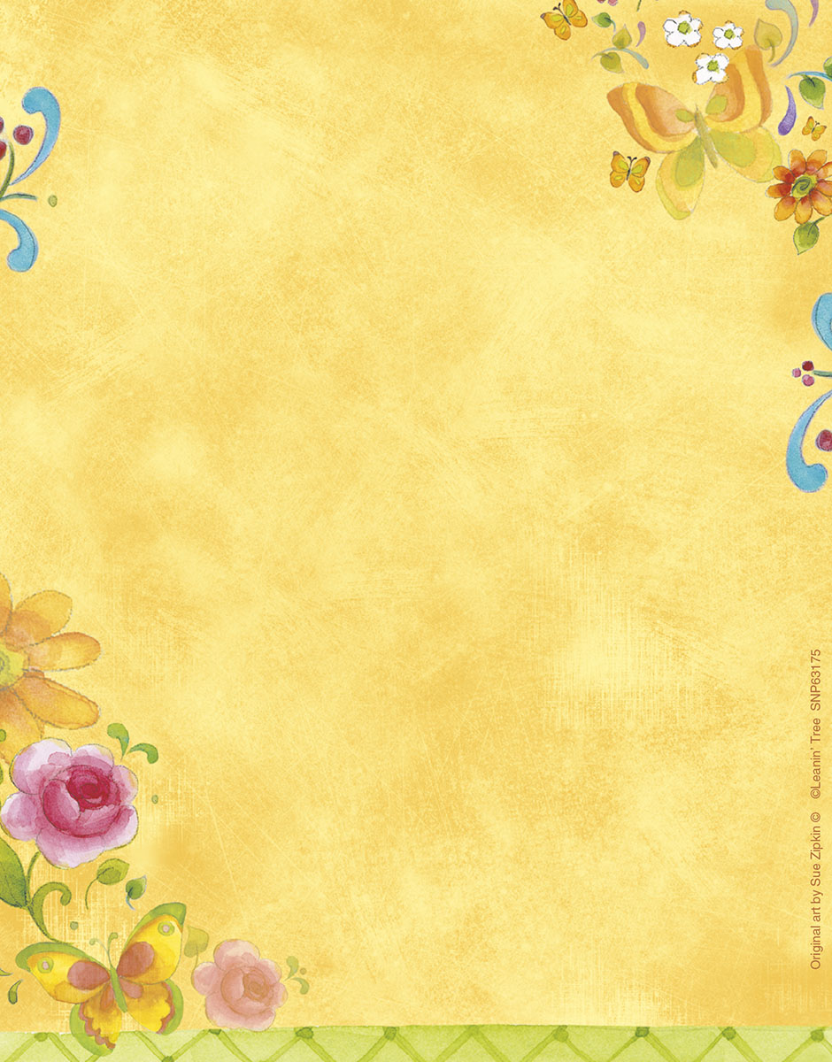 Vibrant watercolor notepad page featuring a soft yellow background, orange and pink floral corner accents, and cheerful butterfly illustrations, perfect for notes and letters.