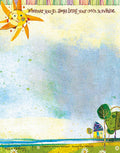 Vibrant notepad featuring a cheerful sun, blue sky, green landscape, and the inspiring quote 'Wherever you go, always bring your own sunshine' by Robbin Rawlings, perfect for uplifting notes and tasks.