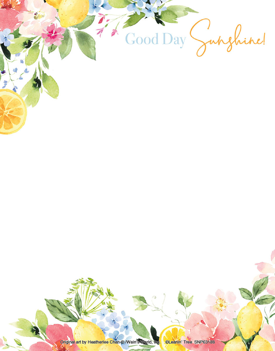 Watercolor lemon and floral notepad paper with 'Good Day Sunshine!' message, perfect for bright notes.