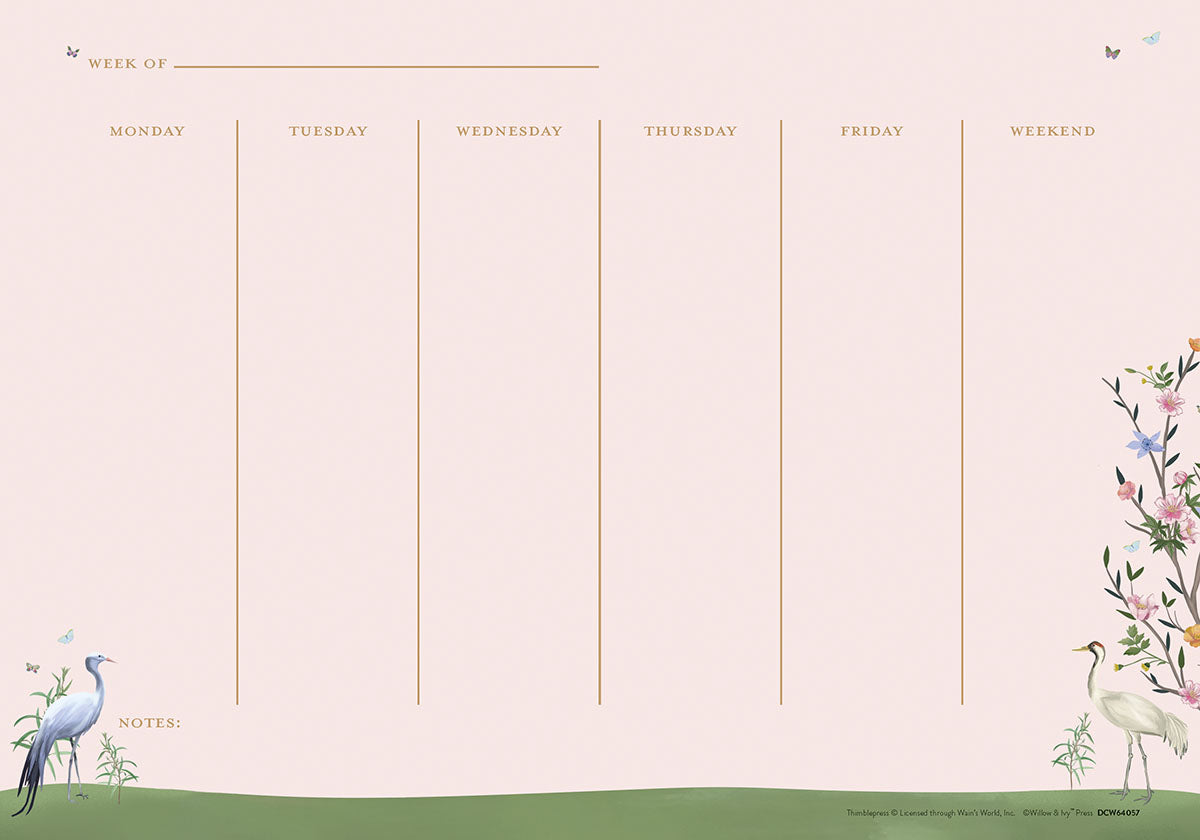 Elegant weekly desk calendar with a soft pink background featuring designated sections for Monday through Friday and Weekend, a 'Week Of' header, and a 'Notes' area. Illustrated with graceful blue and white cranes, delicate green foliage, and a vibrant floral branch adorned with colorful blossoms and small butterflies along the right side. Ideal for desktop organization and a serene aesthetic.
