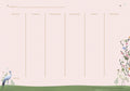 Elegant weekly desk calendar with a soft pink background featuring designated sections for Monday through Friday and Weekend, a 'Week Of' header, and a 'Notes' area. Illustrated with graceful blue and white cranes, delicate green foliage, and a vibrant floral branch adorned with colorful blossoms and small butterflies along the right side. Ideal for desktop organization and a serene aesthetic.