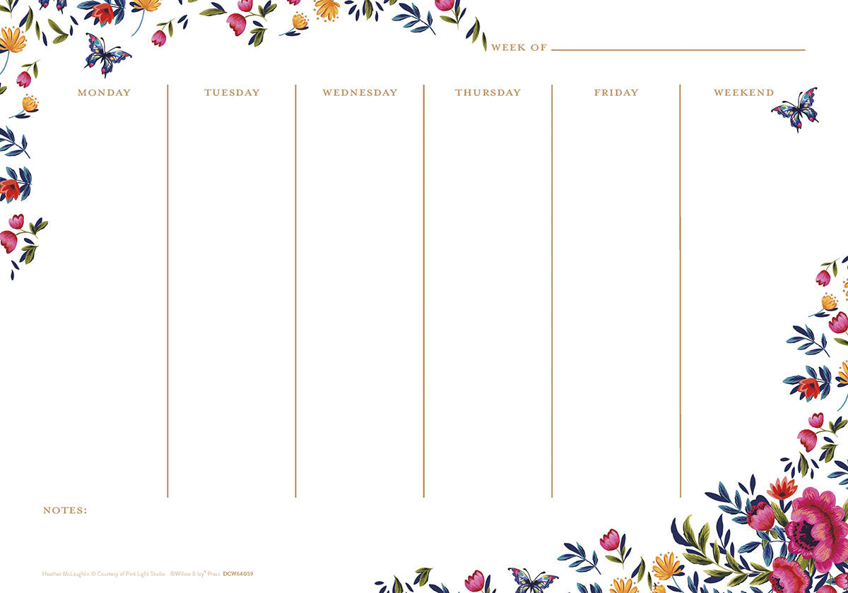 Floral weekly desk planner with vibrant wildflowers and butterflies, featuring sections for Monday through Weekend, Week Of, and Notes for daily task management and organization.